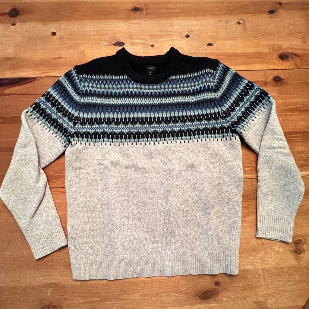 Men's Gray And Blue Patterned 100% Lambswool J. Crew Sweater Size Medium
